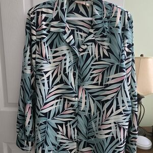 Alia Women's Blue and Pink Leaf Print Button Down Shirt